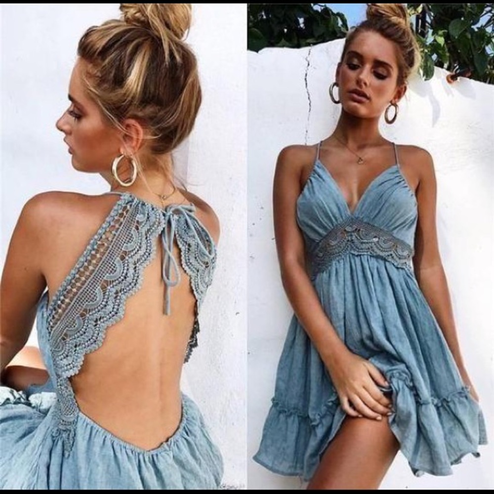 Blue Lace Backless Mini Dress